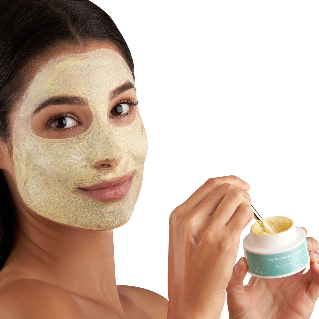 Enjoy our Risen Rejuvenating Safflower Mask for face, neck and breasts. When you apply this luscious cream to your skin, you will immediately feel its effect. Stimulating and nourishing and a sure bet to keep skin feeling soft and supple. 